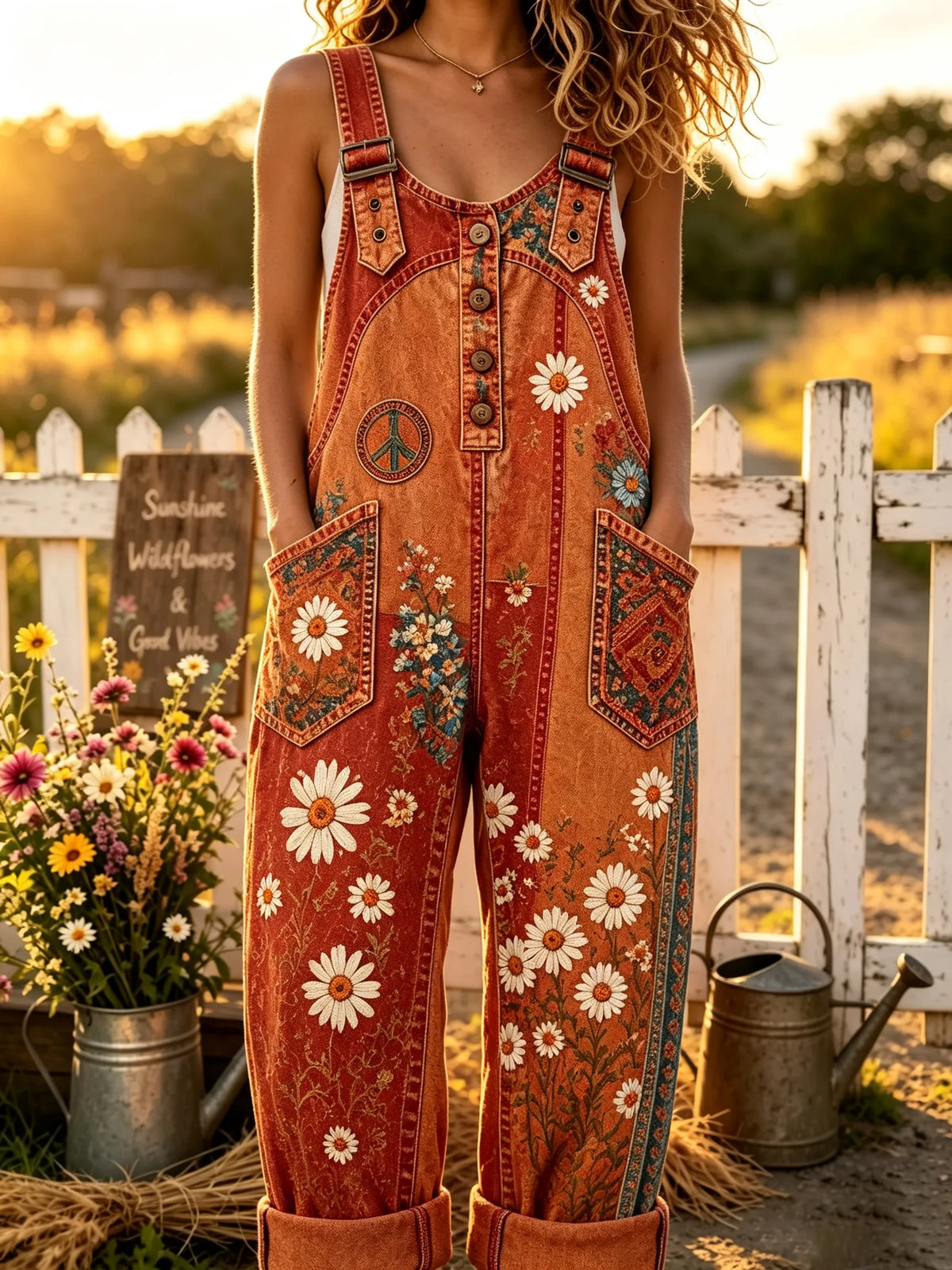 Women's Vintage Daisy Peace Sign Print Orange Overall Pants