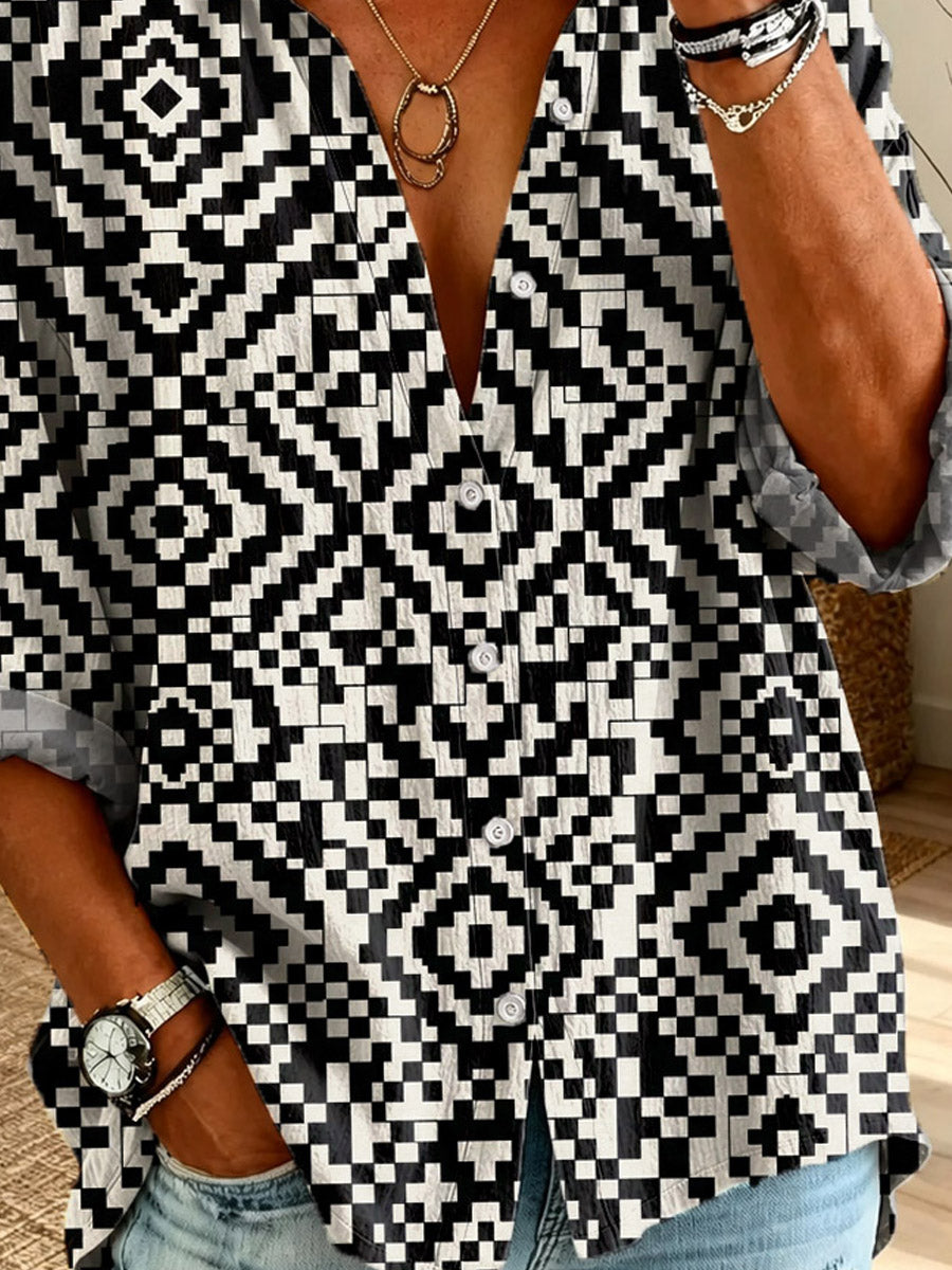 Women's Geometric Pattern Art Print Casual Long Sleeve Linen Shirt