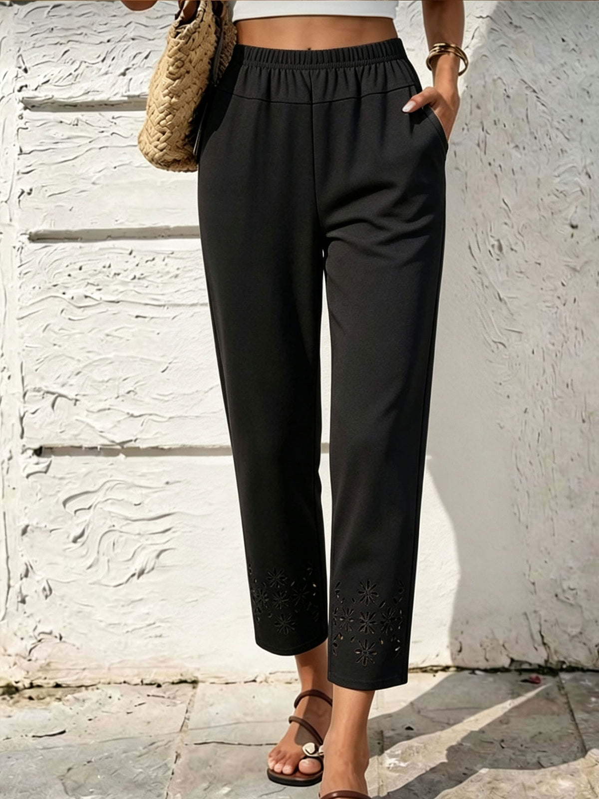 Women's Elastic Waist Floral Eyelet Cutout Cropped Casual Pants