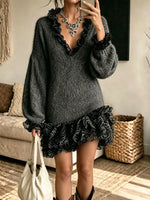 Women's Elegant V-neck Lace Panel Knit Mini Dress