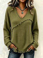 Fringe Trim Waffle Knit V‑Neck Sweater, Women Long Sleeve Loose Pullover Top