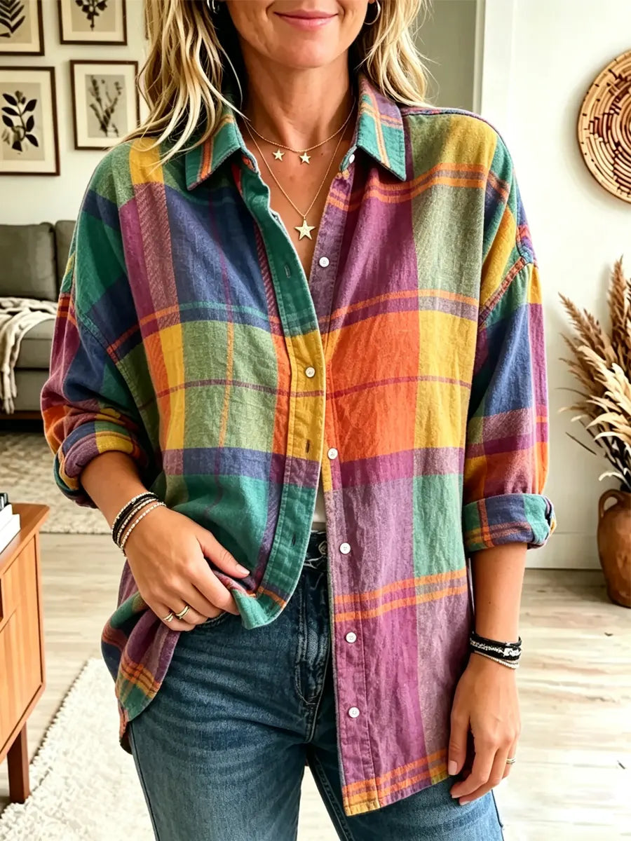 Retro Plaid Pattern Art Print Casual Stylish Long Sleeve Cotton Linen Shirt