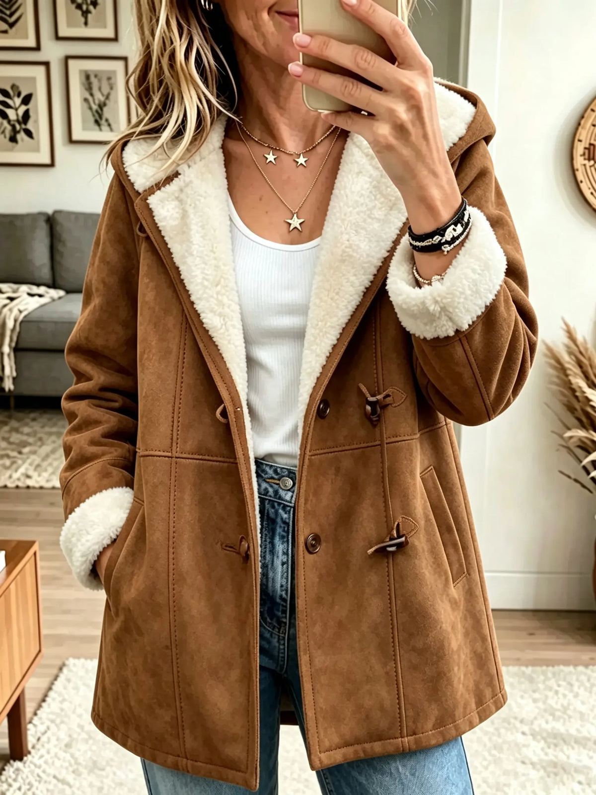 Women's Sherpa Lined Faux Suede Toggle Coat
