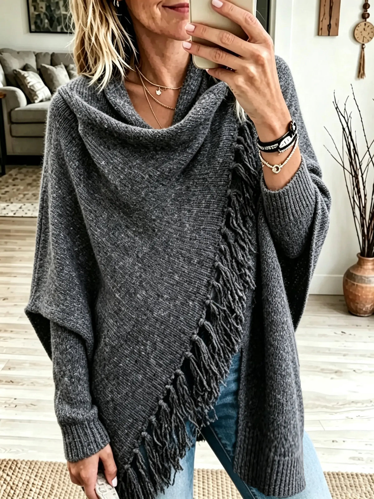 Women's Asymmetrical Fringe Knit Poncho Sweater