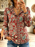 Women's Floral Plaid Contrast Ruffle Collar Blouse