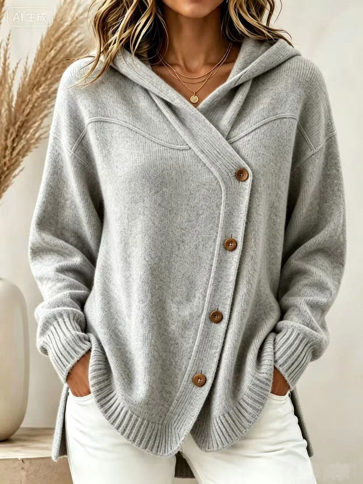 Women Hooded Diagonal Button Wrap Knit Sweater