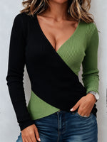 Women's Colorblock Wrap V Neck Ribbed Knit Top, Long Sleeve Slim Fit Blouse