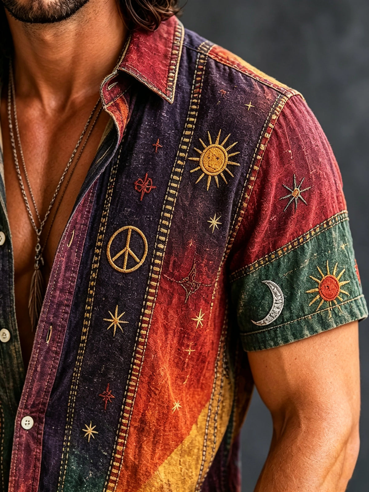 Men's Celestial Stripe Print Button-Up Shirt