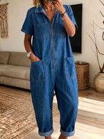 Women’s Short Sleeve Zip Front Loose Denim Jumpsuit With Multi Pockets