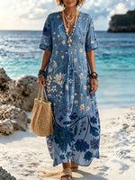 Women Blue Ink Wash Wildflower Minimal Print V Neck Vacation Maxi Dress
