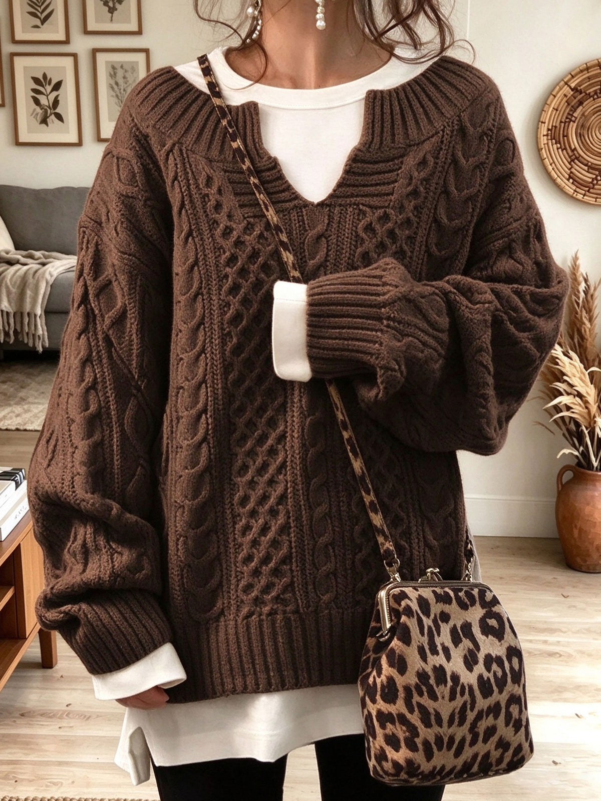 Women's Brown V-neck Cable Knit Oversized Pullover Sweater With Layered Mock Tee