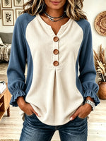 Women's Colorblock Button Accent Ruffled Sleeve Top