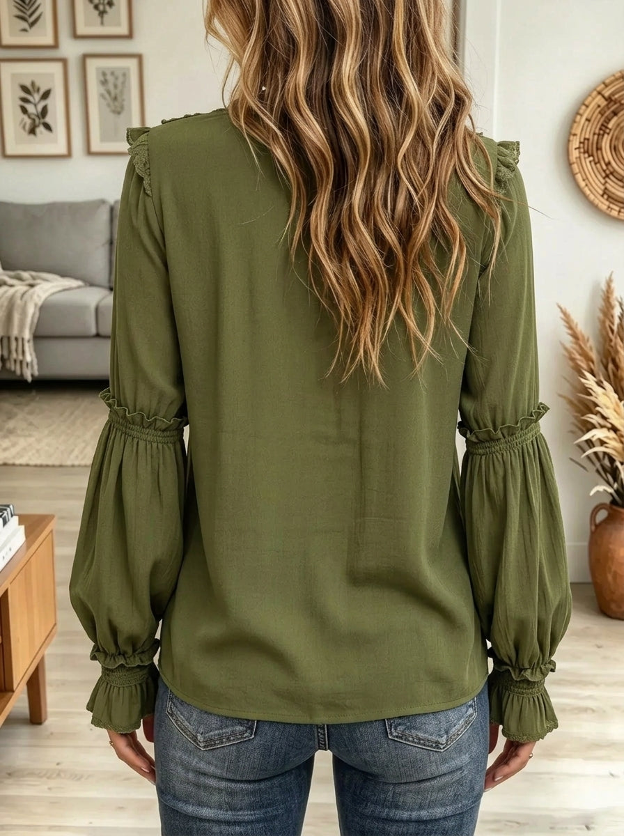 Women's Embroidered Lace Ruffle V-Neck Gauze Blouse