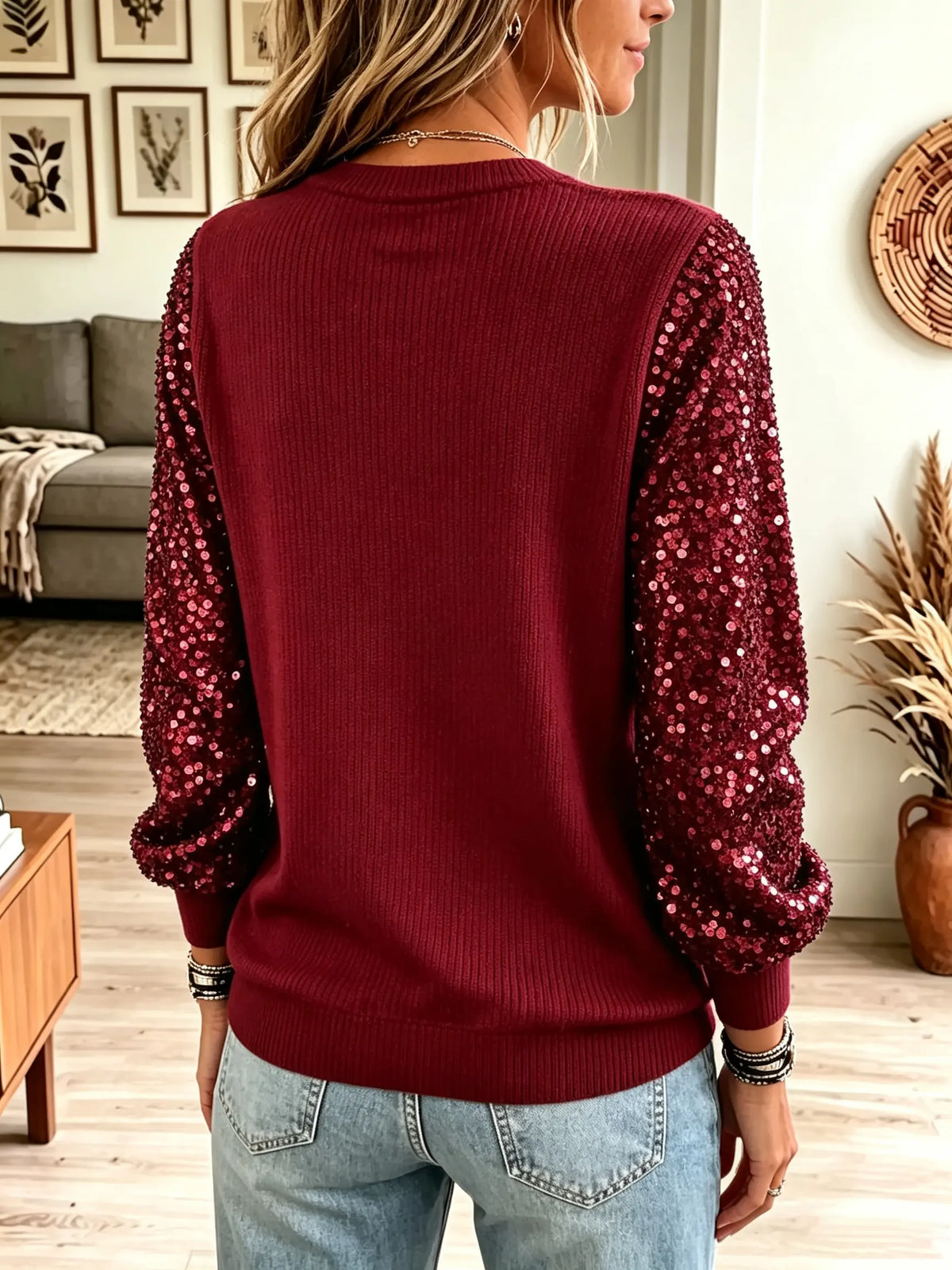 Women's Sequin Balloon Sleeve Ribbed Sweater