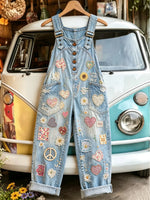 Women's Floral Heart Patchwork Print Light Blue Denim Overalls Long Pants