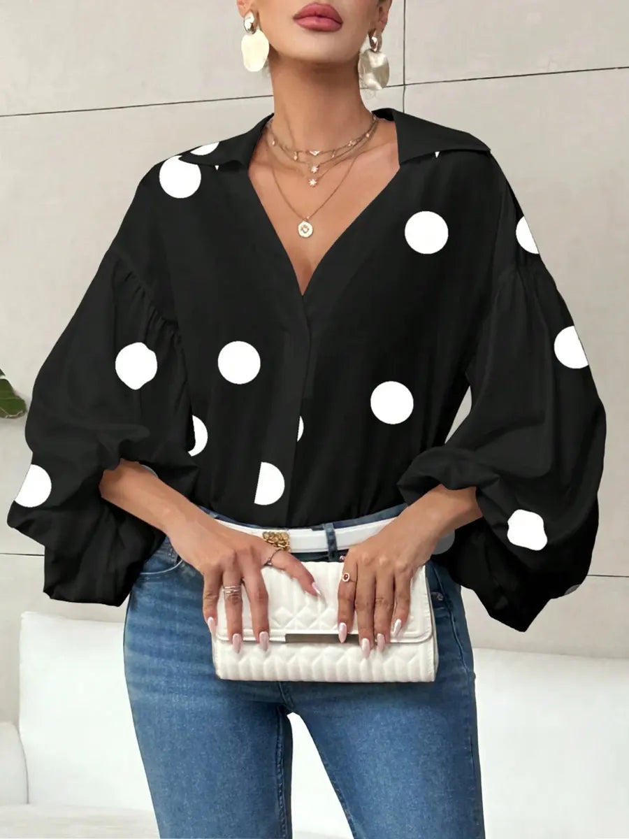 Retro Polka Dot Elegant Balloon Sleeves Art Casual Stylish Lapel Cotton Shirt