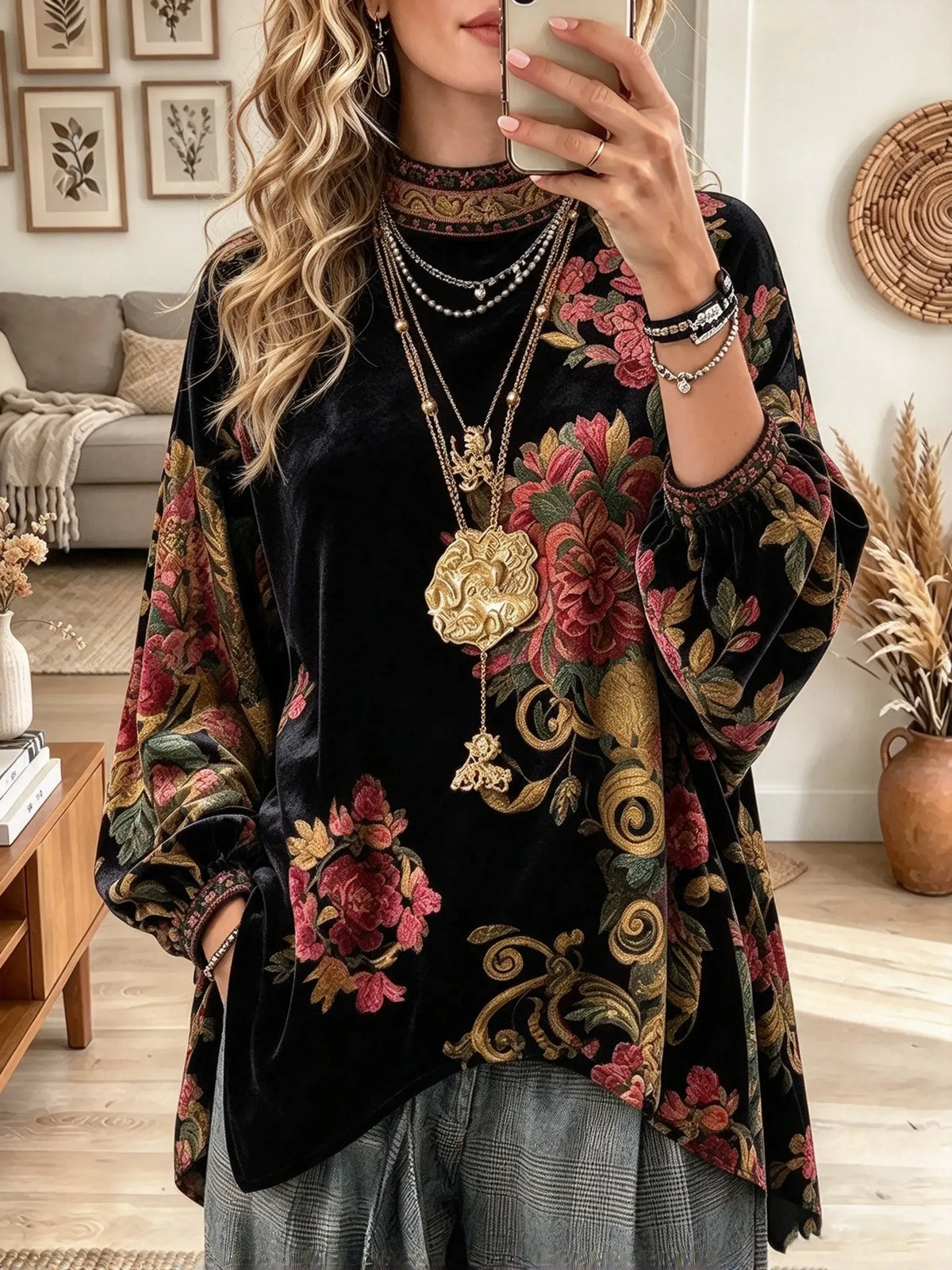 Women's Floral Print Mock Neck Velvet Top