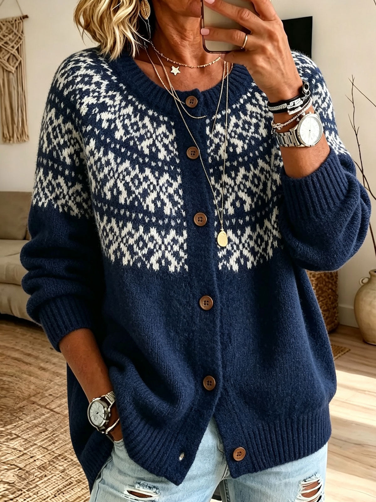 Women Crew Neck Button‑front Long Sleevefair Isle Pattern Knit Cardigan Sweater