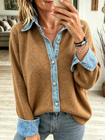 Women's Denim Trim V-Neck Knit Top