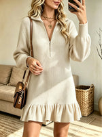 Women's Half-Zip Ruffle Hem Ribbed Sweater Dress