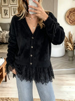 Women's Lace Trim Tie-Sleeve Buttoned Cardigan