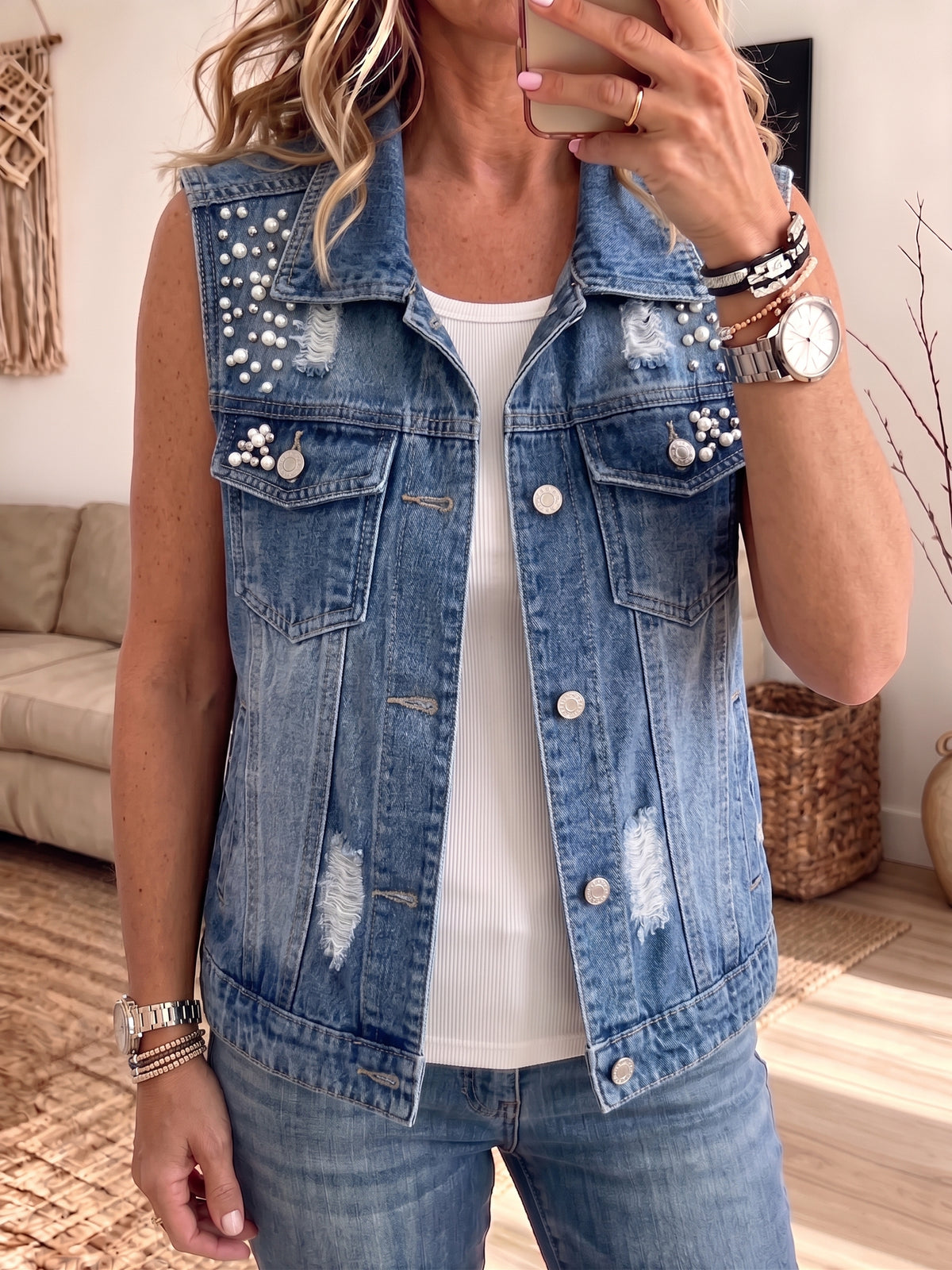 Women Pearl Embellished Denim Vest Lapel Ripped Sleeveless Jean Gilet With Pockets