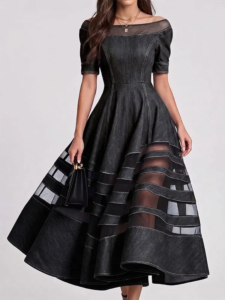 Women Off Shoulder Sheer Mesh Striped Spliced Denim Swing Midi Dress