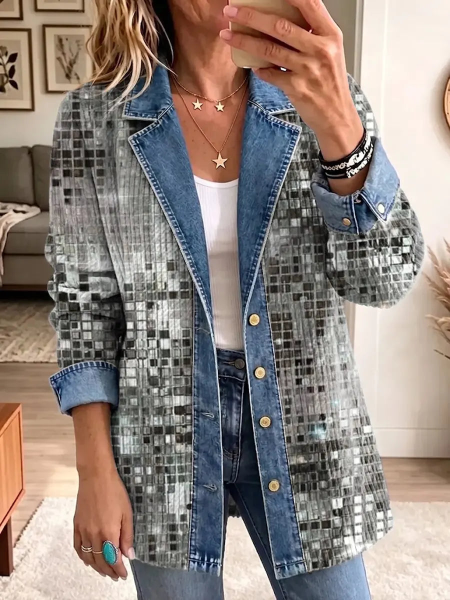 Retro Chic Shiny Sequins Pattern Art Casual Denim Patchwork Stylish Long Sleeve Coat