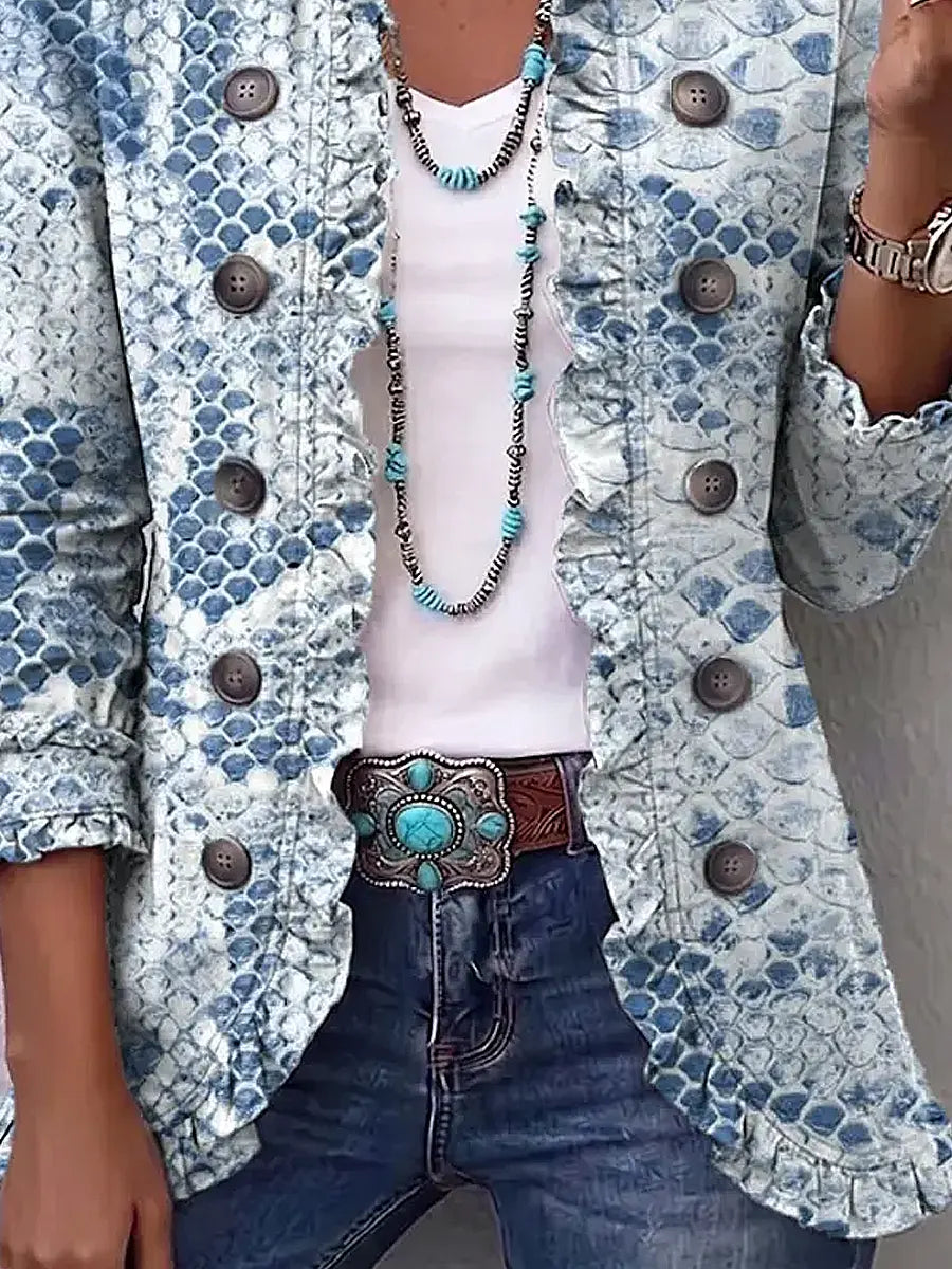 Retro Snake Pattern Art Print Ruffle Casual Stylish Cotton Lapel Coat