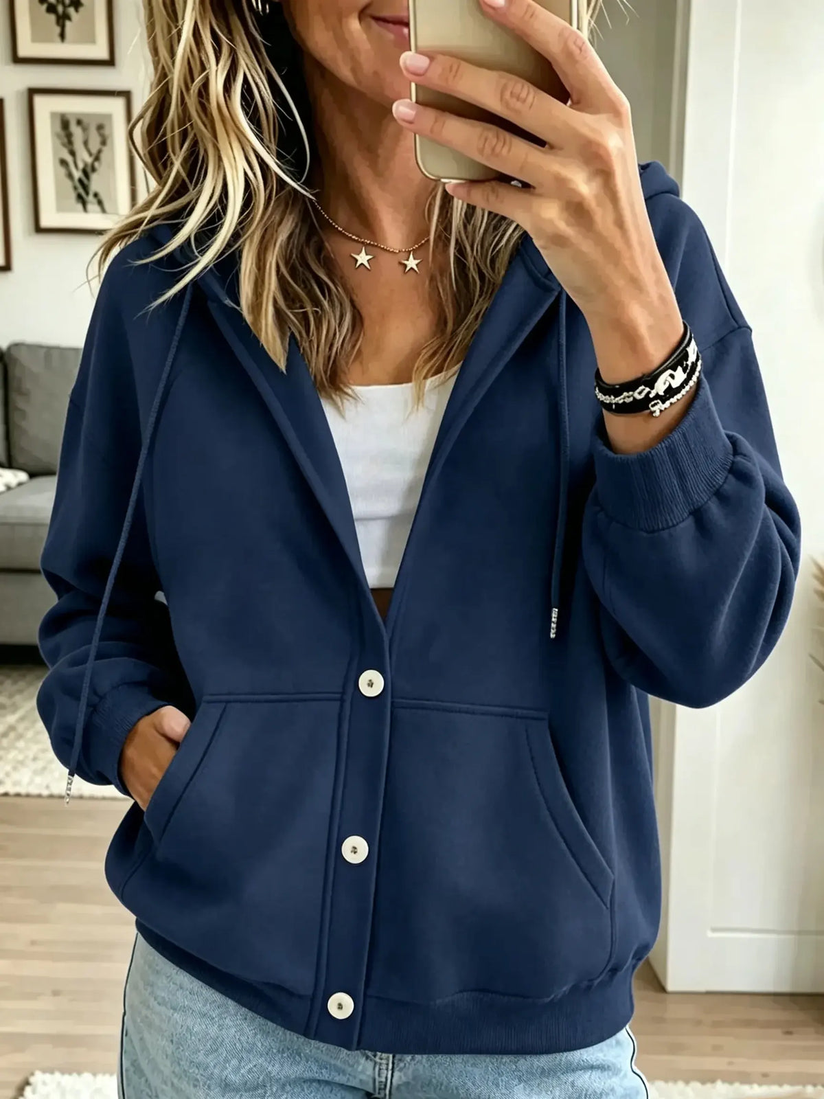 Women's Button-Down Casual Hooded Sweatshirt