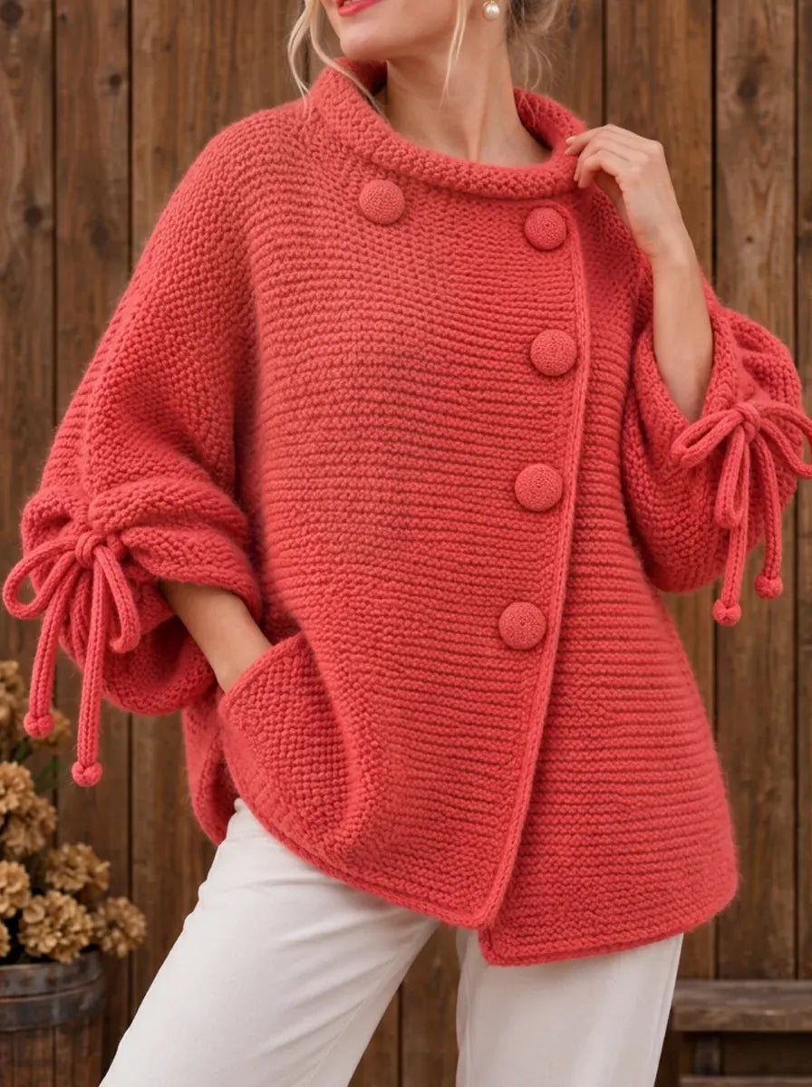 Women's Chunky Knit Asymmetric Button Sweater - Lantern Sleeve Tie-cuff Cardigan Coat