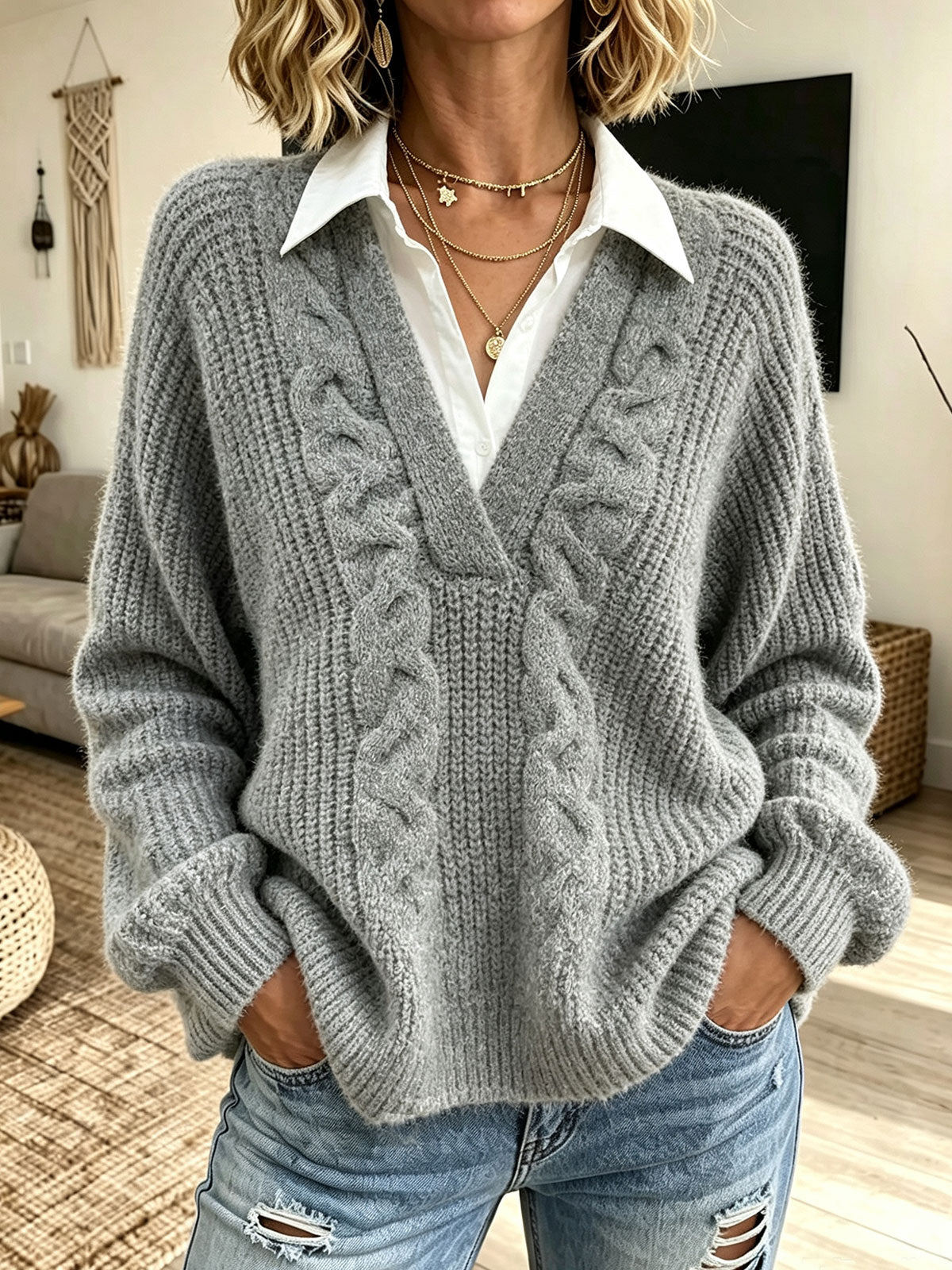Women Faux Two‑Piece V‑Neck Cable Knit Collared Long Sleeve Sweater