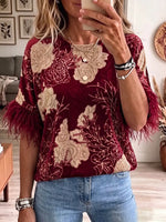 Vintage Elegant Patchwork Feather Velvet Flowers Shirt