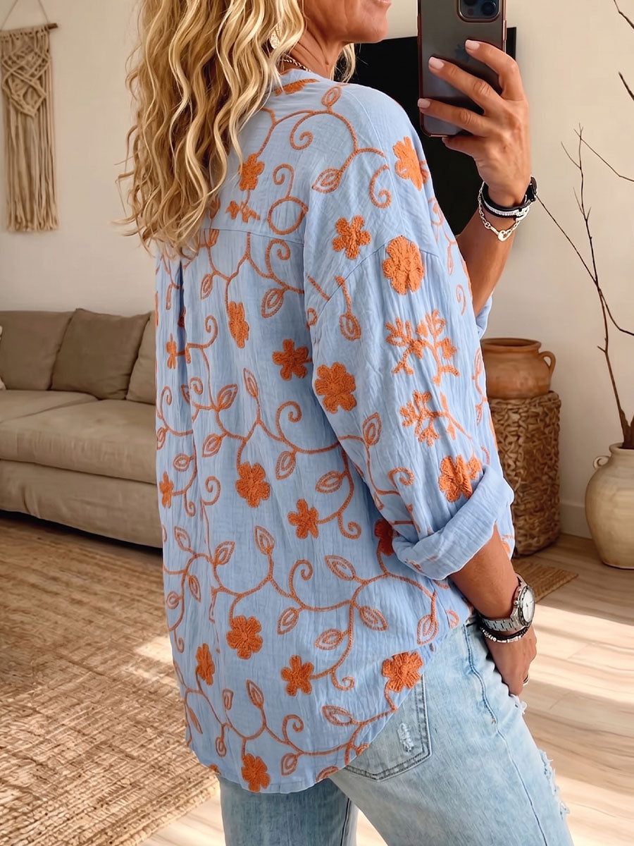 Vintage Elegant Button Long Sleeve Patterned Shirt
