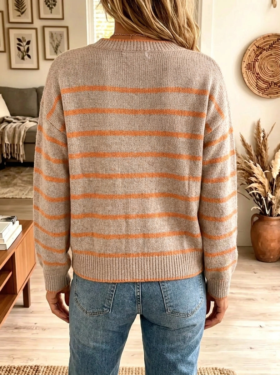 Women's Striped Button-Down Crewneck Knit Cardigan