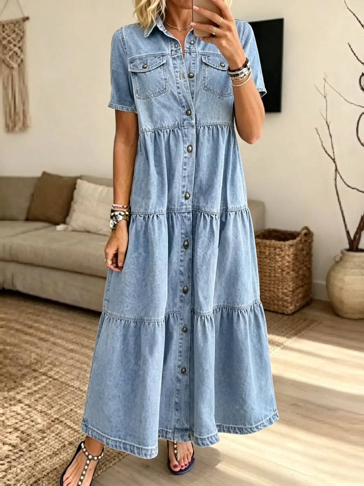Women's Tiered Denim Maxi Shirt Dress