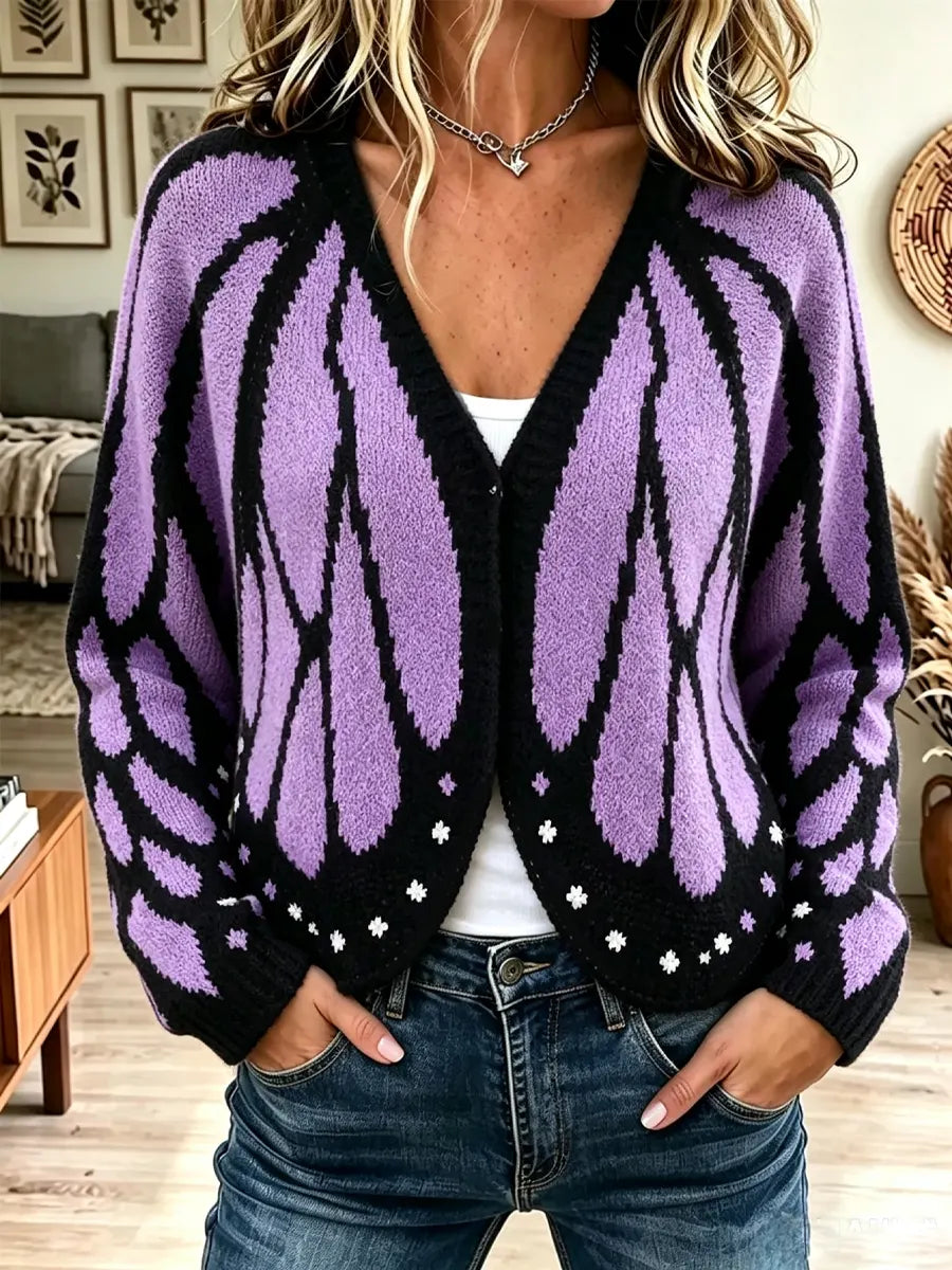 Retro Butterfly Pattern Art Casual Stylish Long Sleeve Knitted Cardigan Sweater