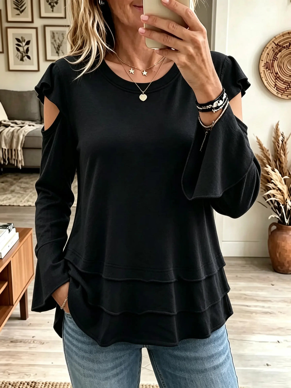 Women's Cold-Shoulder Tiered Ruffle Hem Knit Top