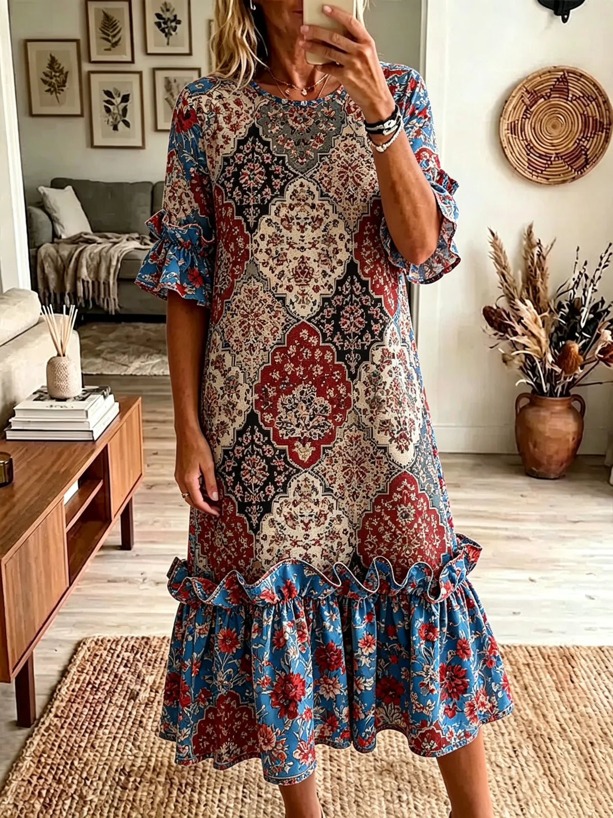 Women's Vintage Persian Ethnic Floral Print Ruffle Hem Midi Dress