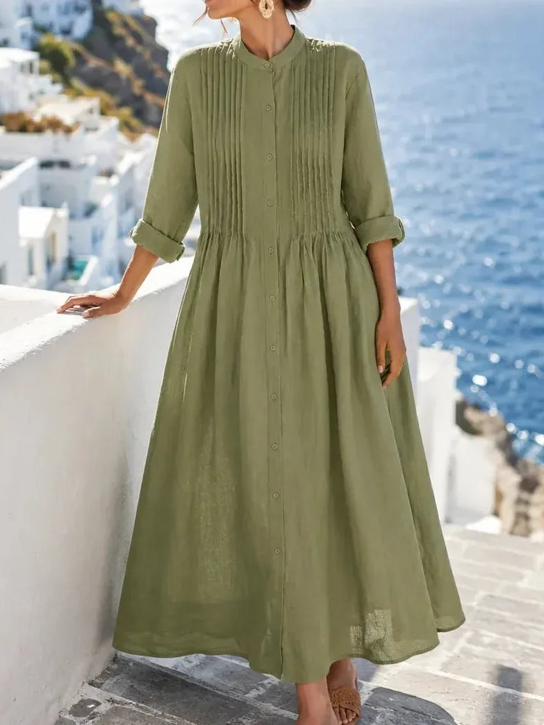 Women's Pleated Band Collar Shirt Dress