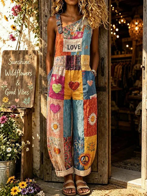Women's Patchwork Heart Daisy Print One Shoulder Overall Jumpsuit