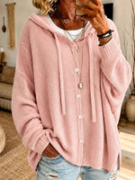 Drawstring Hooded Button Knit Cardigan Women Loose Long Sleeve Sweater