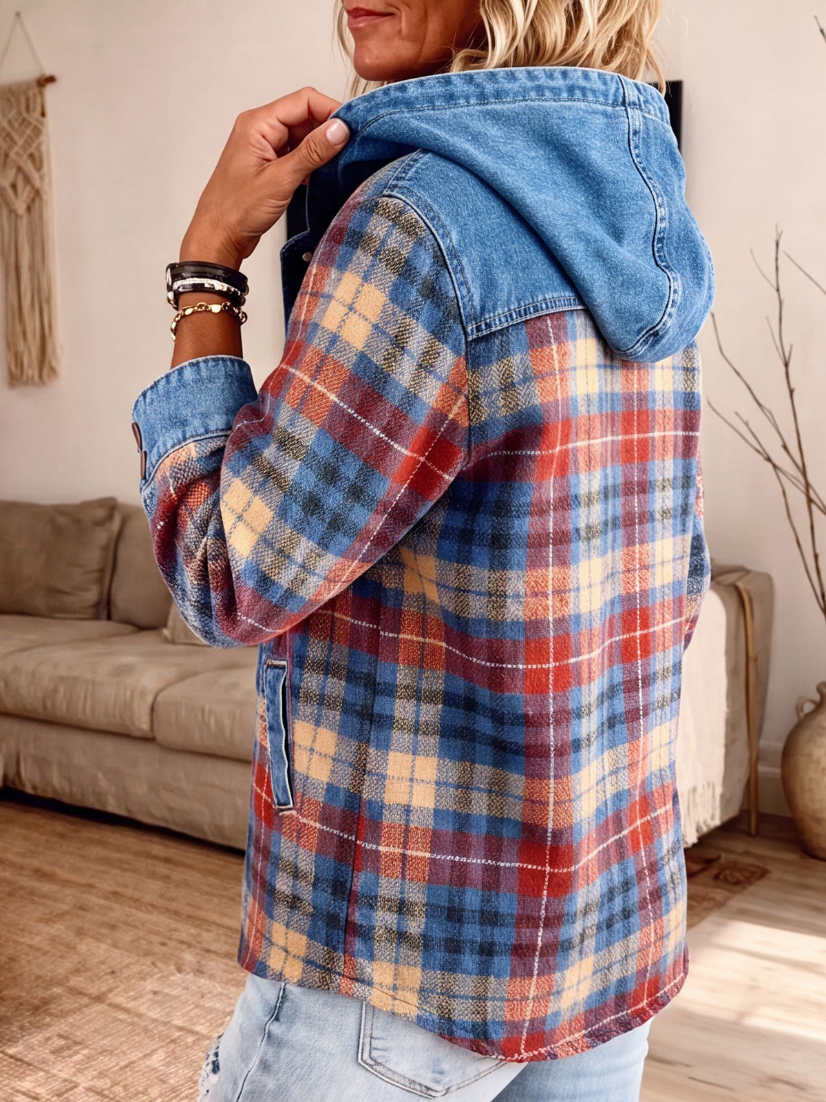 laid Denim Spliced Hooded Button Jacket