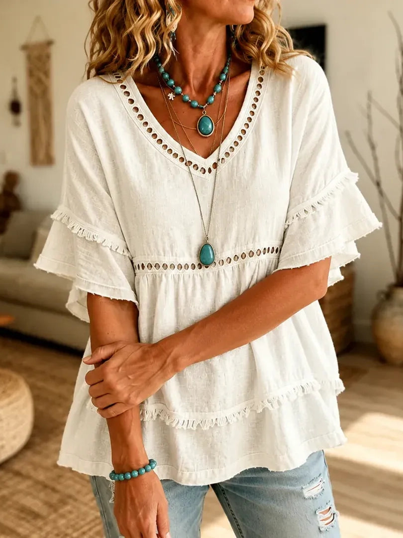 Women's Cutout Fringe Linen Blouse