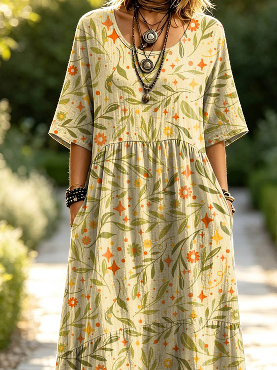 Women's Floral Pattern Art Print Casual Short Sleeve Linen Dress