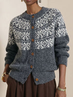Women Crew Neck Button‑front Long Sleevefair Isle Pattern Knit Cardigan Sweater
