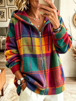 Women's Colorful Plaid Zip-Up Hooded Jacket