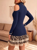 Women's Vintage Elegant Knitted Openwork Leopard Print Ruffled Patchwork Dress