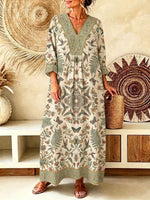 Retro Birds Floral Pattern Art Print Casual V-neck Cotton Linen Maxi Dress