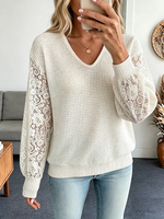Vintage Elegant Waffle Patchwork Cut-out Lace Shirt